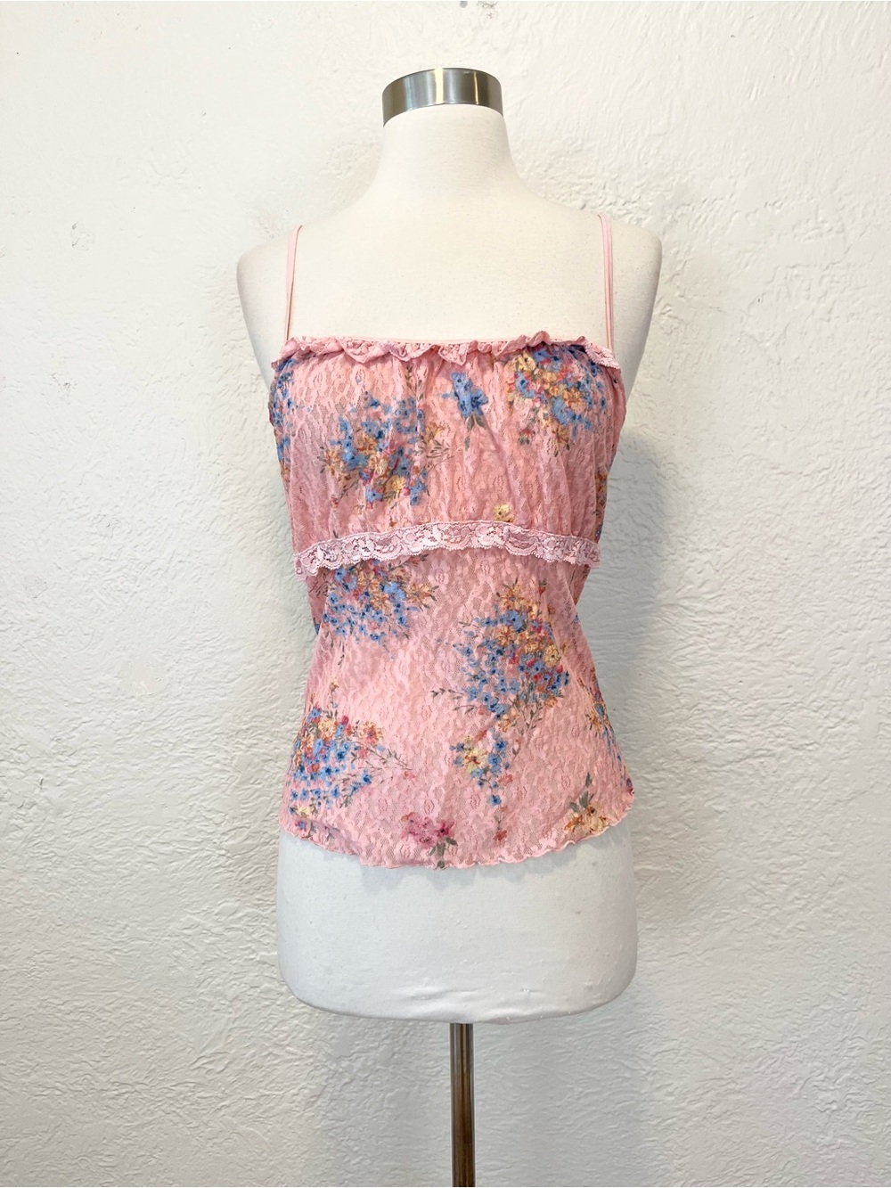 Vintage 90s Y2K Cami Top Tank Pink Lace Ruffle Floral Sheer S/M Dainty Girly
